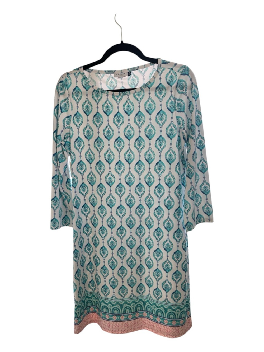 Cabana Life Teal Medallion Long Sleeve Shift Dress with Printed Hem